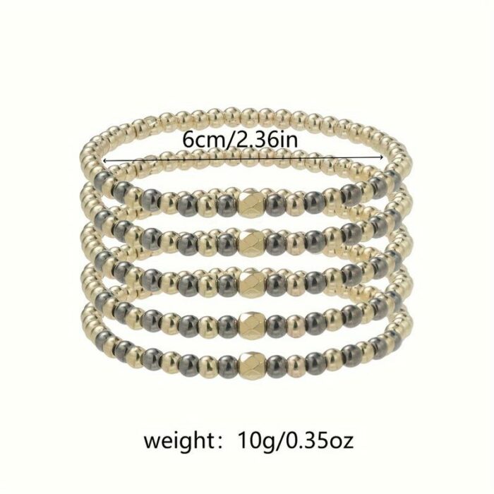 Stapelbares Armband-Set – 5-teilig, glänzend in Gold und Grau, dehnbar in Kugeldesign