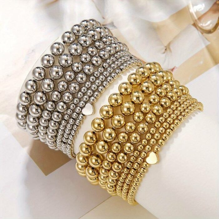 Armband Set 7-Stück Gold/Silber Kugel Armbänder mit Herz Dehnbar/Elastisch