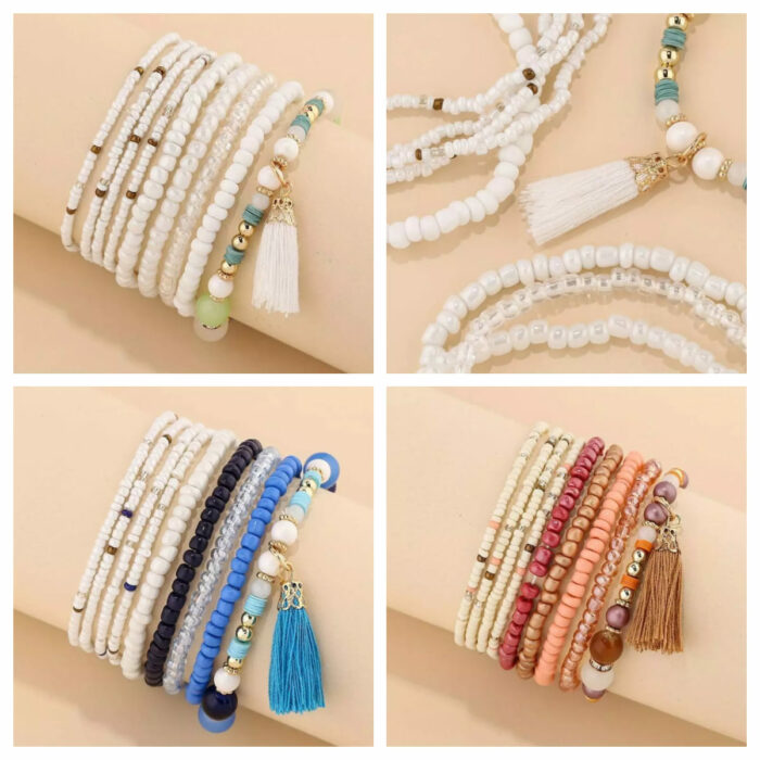 Bohemian-Stil Armband-Set 9-Teilig Quaste Damen Kunstperlen Armbänder Stapelbar Braun Weiß Blau